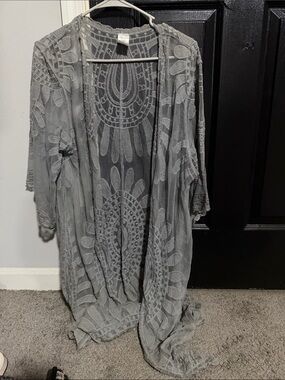Boho Crochet Lace Open Duster Kimono in Gray